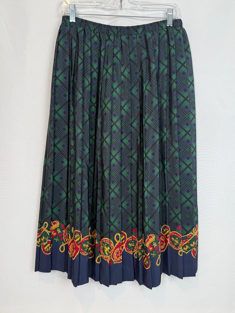 Leslie Fay Womens 80s Pleated Plaid Midi Skirt Size 14 Navy Green Vintage Preppy